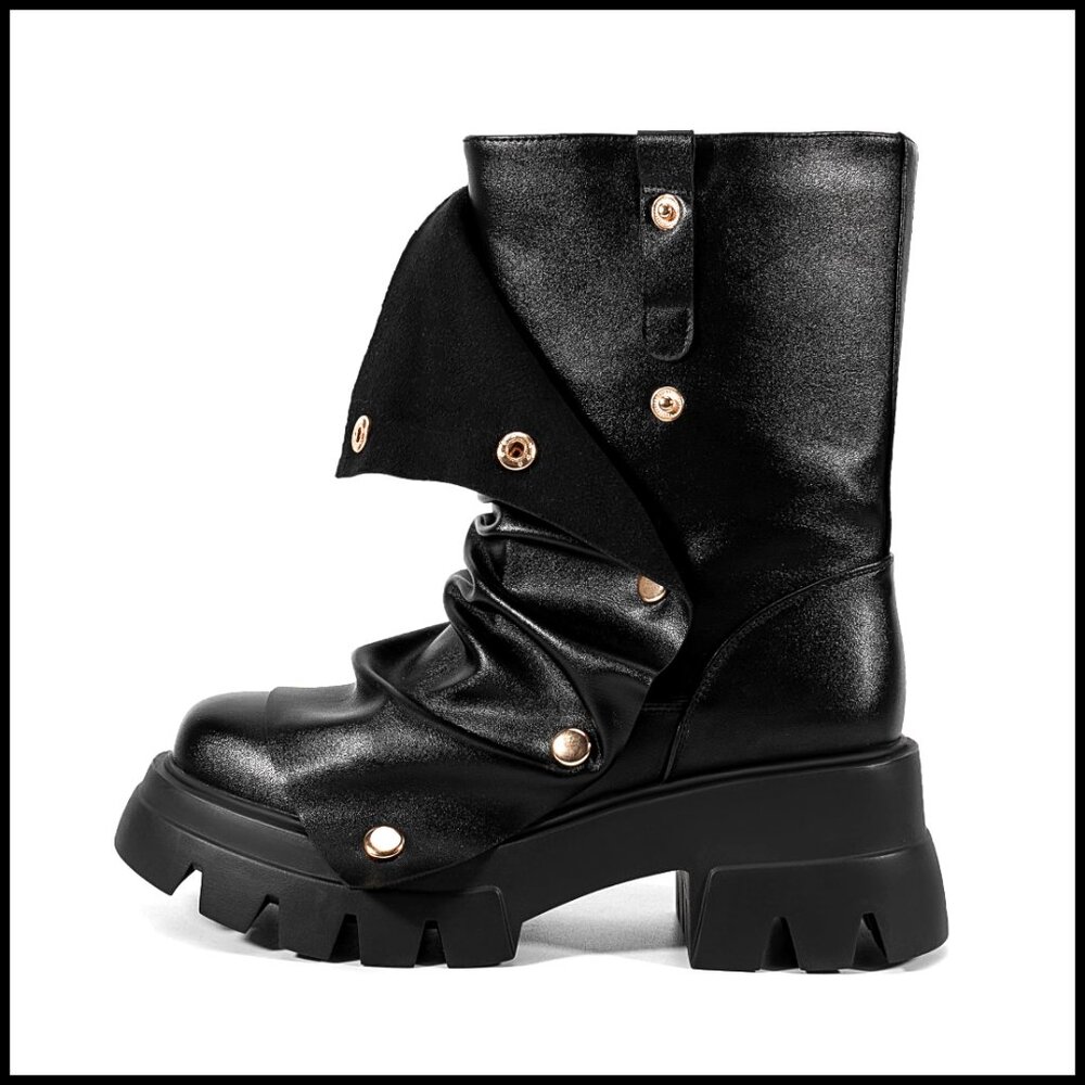 Slouchy Fold Over Booties Platform Wide Calf Pull On Shark Boots Trendy